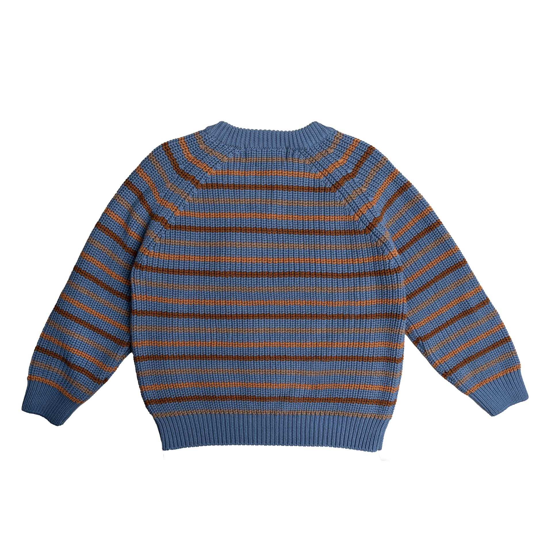 A little girl wearing a striped sweater and a brown hat is standing in the snow.;A blue and brown striped sweater with long sleeves on a white background.;A blue and orange striped sweater with long sleeves on a white background.