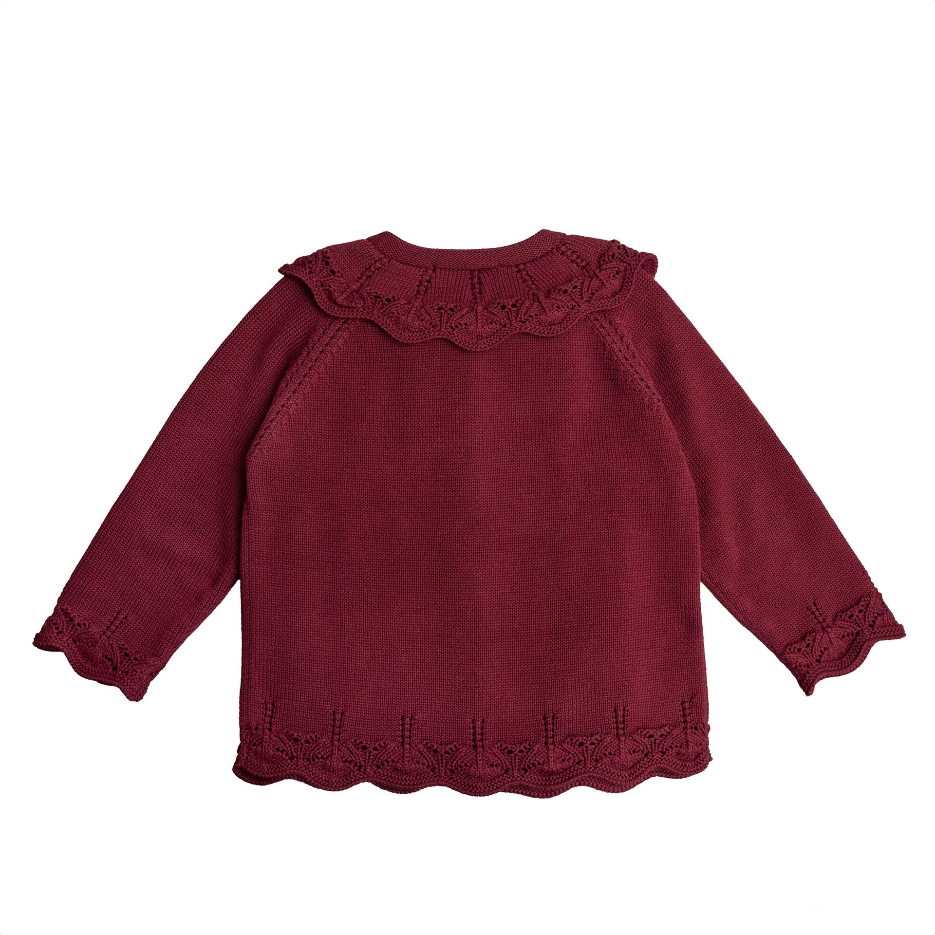 A baby girl is wearing a burgundy cardigan with ruffles and buttons.;A red sweater with long sleeves and a ruffled collar;A close up of a purple sweater with wooden buttons.;A little girl is wearing a red sweater and looking at the camera.