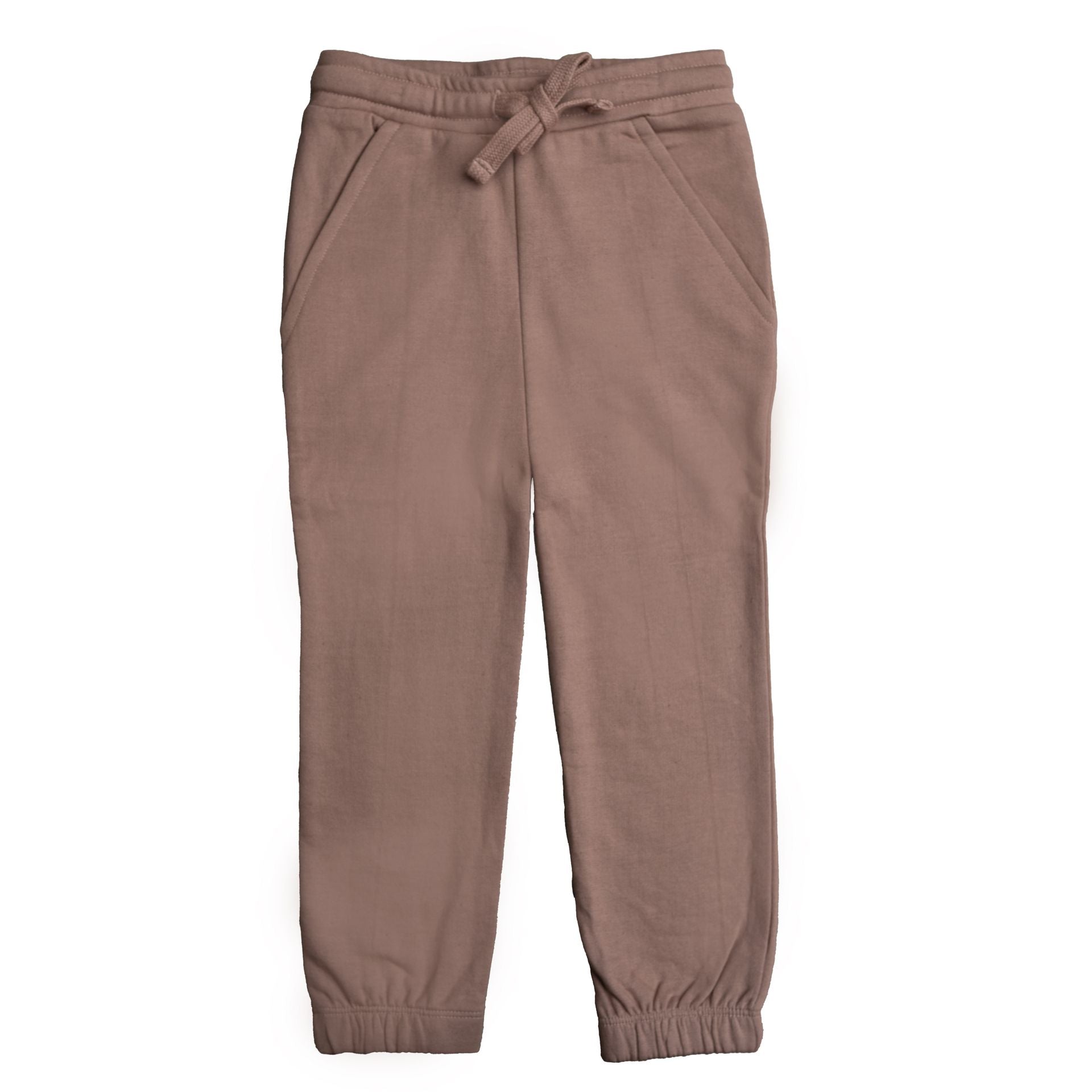A little boy wearing a brown hat and a brown sweater is standing with his hands in his pockets.;A pair of brown sweatpants with a sheep embroidered on the back pocket;A pair of brown sweatpants on a white background