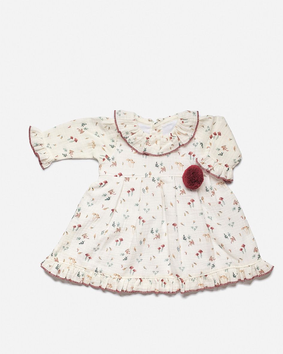 Girl's Mushroom Print Dress with Pompoms