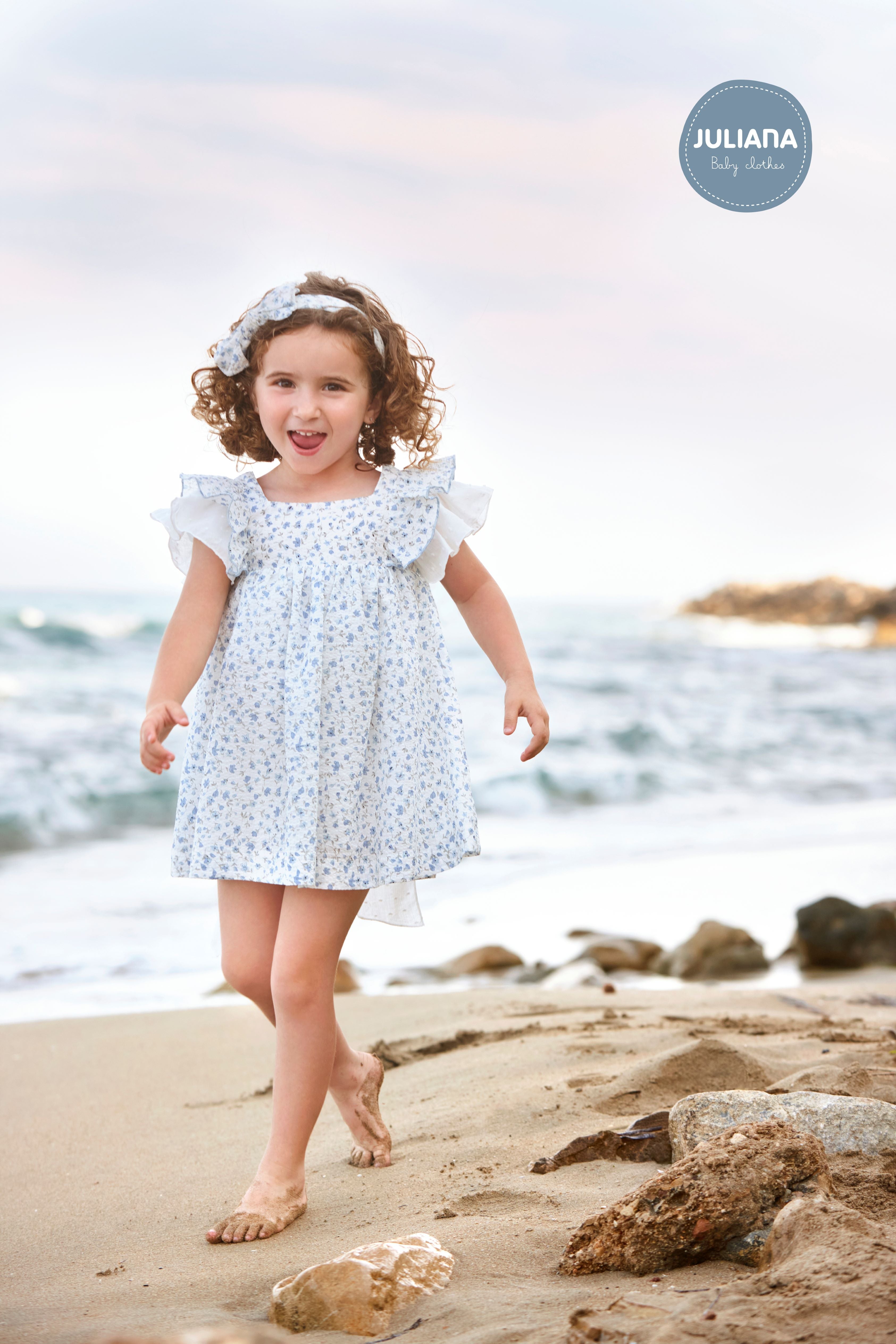 Girl's Blue Flower Dress with Frill Shoulder Sleeves