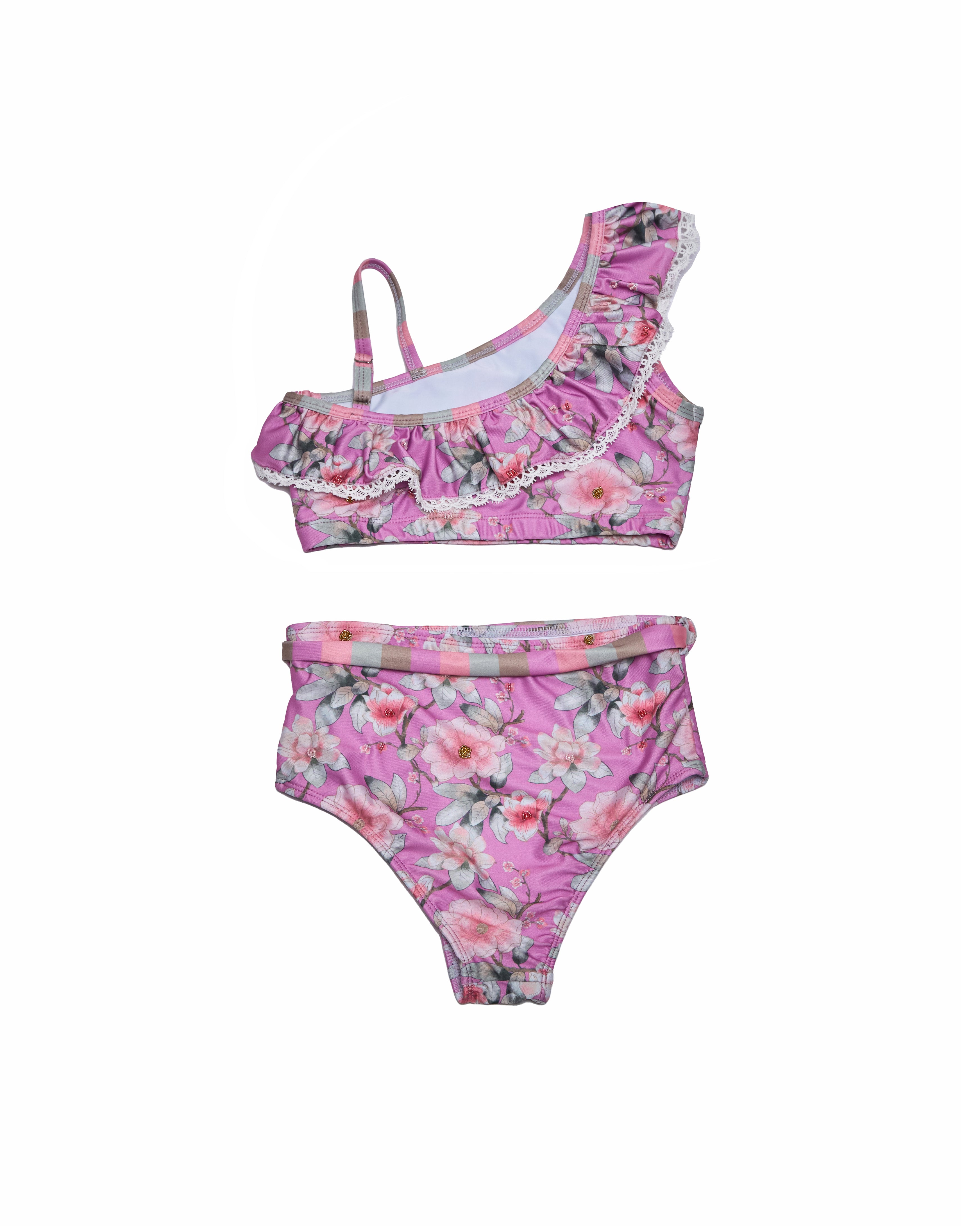 Shoudler Bikini w Ruffle Trim Hand Beaded