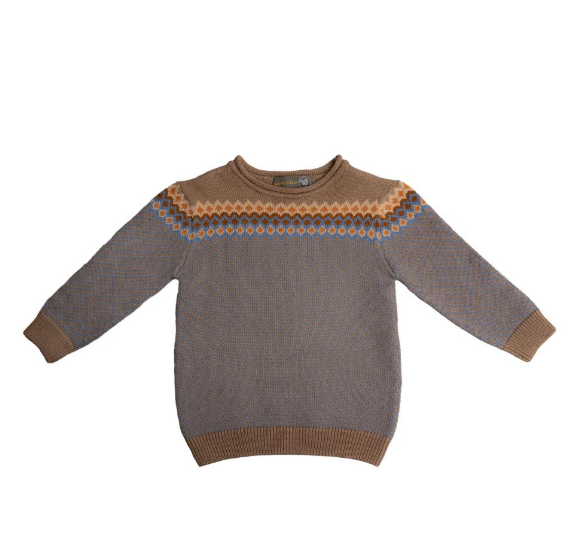 Toddler girl in a brown willy Hanevild sweater;A grey and brown sweater with a pattern on it;A sweater with a pattern on it is on a white background