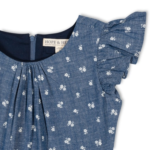 ORGANIC RUFFLE SLEEVE CHAMBRAY DRESS