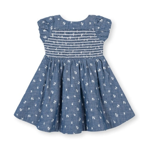 ORGANIC CHAMBRAY SMOCKED PUFF SLEEVE DRESS