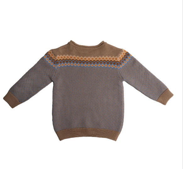 Toddler girl in a brown willy Hanevild sweater;A grey and brown sweater with a pattern on it;A sweater with a pattern on it is on a white background