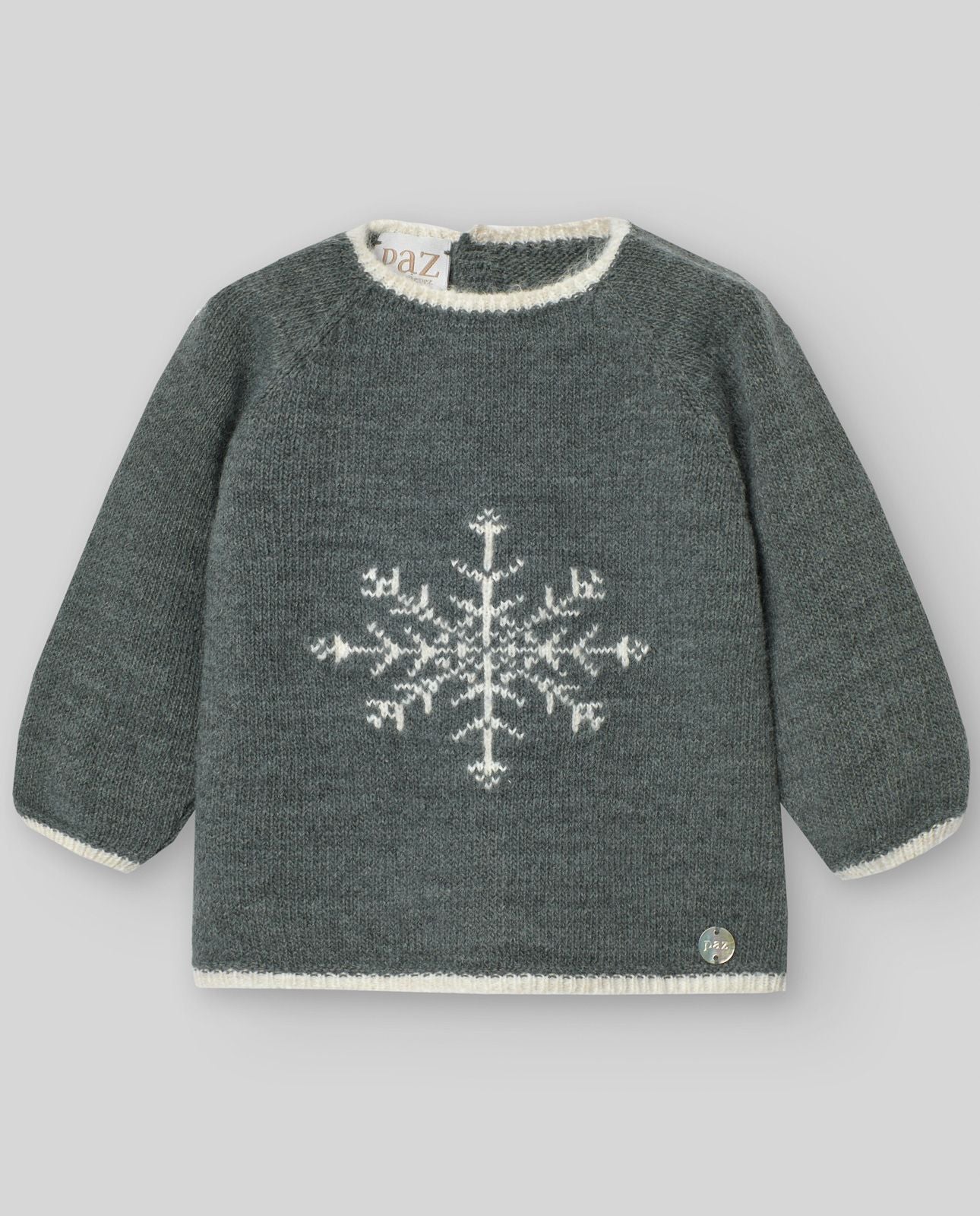 A baby is wearing a sweater and pants with a snowflake on it.;A grey sweater with a white snowflake on it.;A baby is wearing a grey sweater with white trim.;A pair of grey baby pants with feet on a white background.