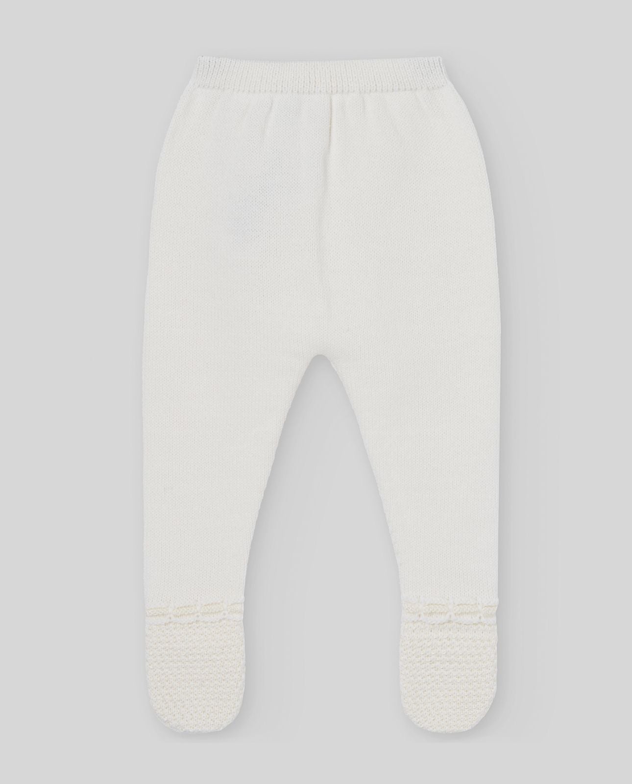 A baby is wearing a white sweater with a white collar.;A baby is wearing a white sweater with a white collar.;A pair of white knitted baby pants with feet on a white background.;A pair of white baby pants with feet on a white background.