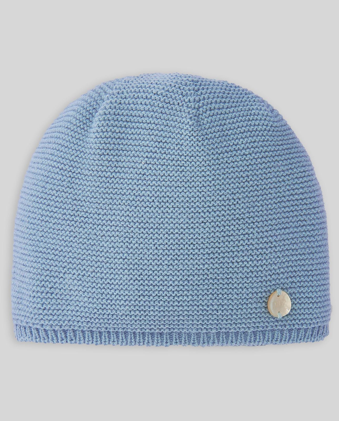 A gray beanie with a button on it;A light blue knitted hat with a wooden button on the side.