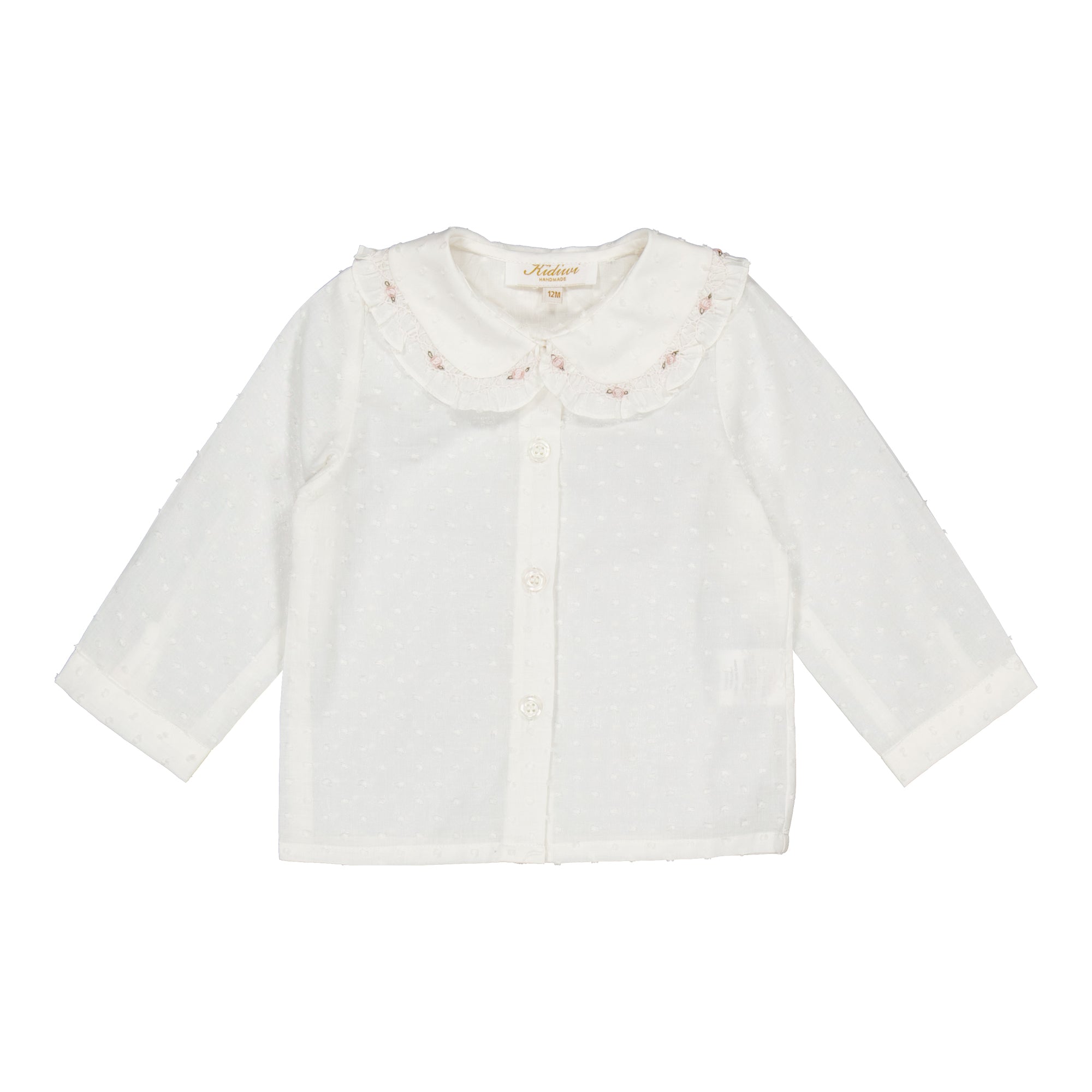 Lorena ML, Girl blouse, in Off-white Plumetis / Pink smock