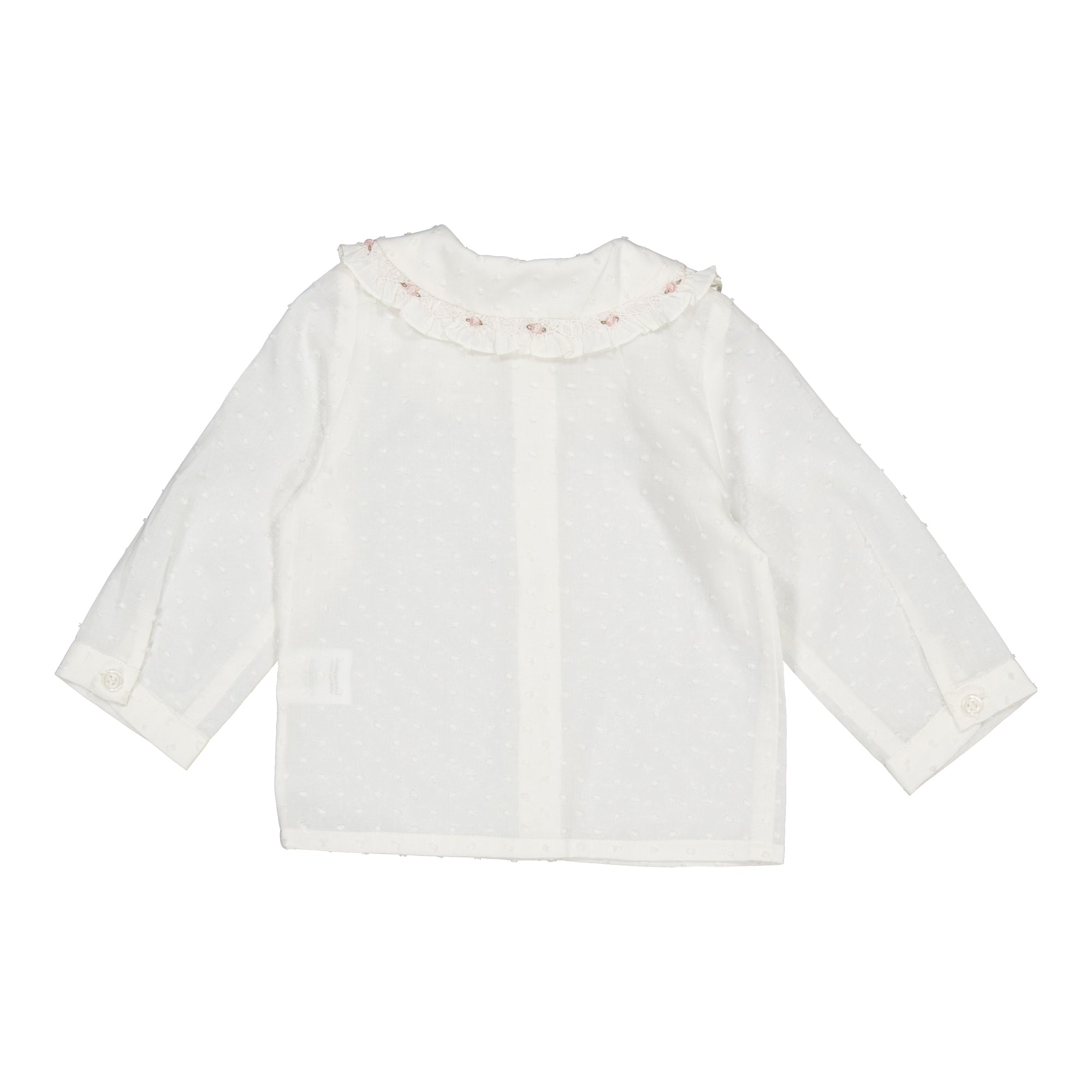 Lorena ML, Girl blouse, in Off-white Plumetis / Pink smock