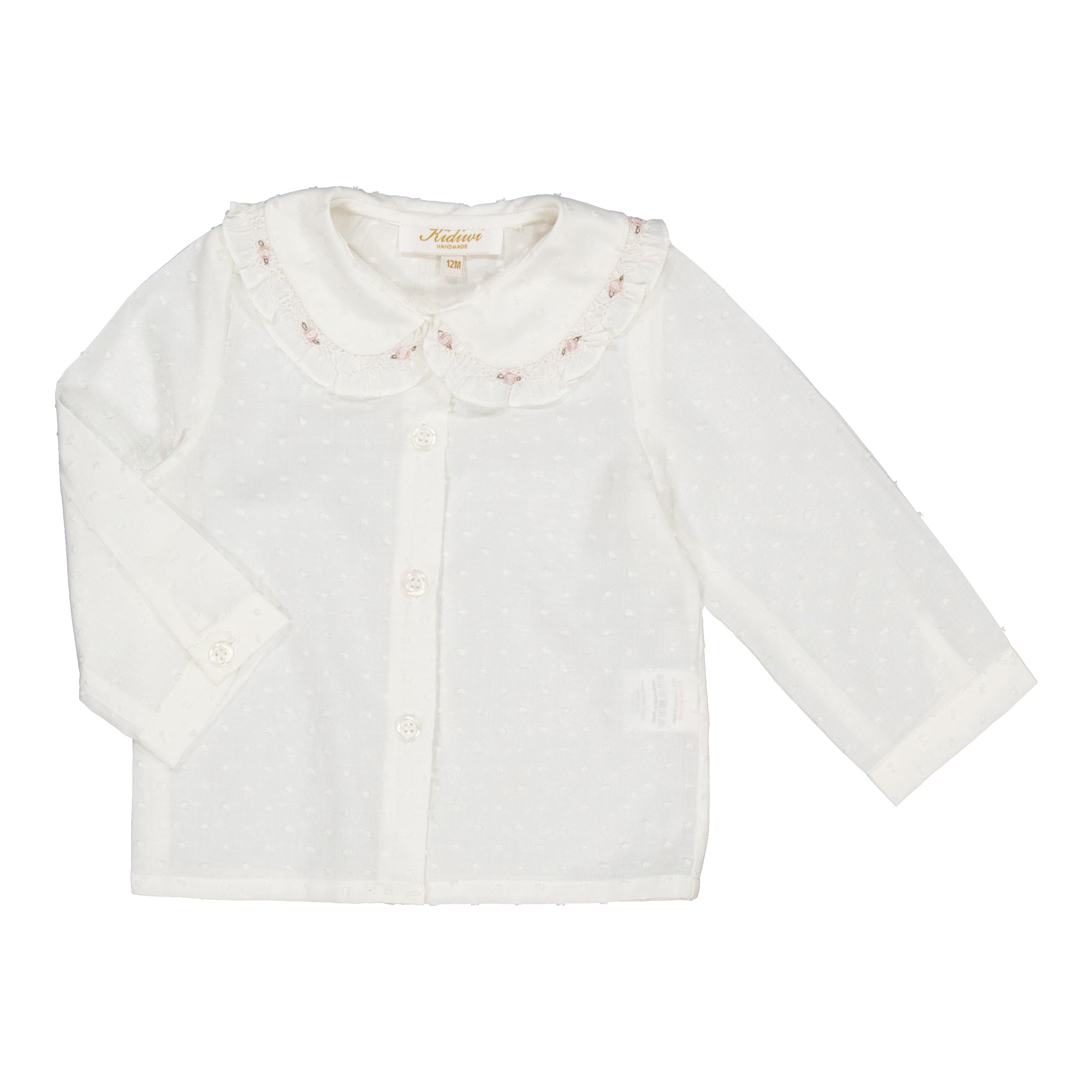 Lorena ML, Girl blouse, in Off-white Plumetis / Pink smock