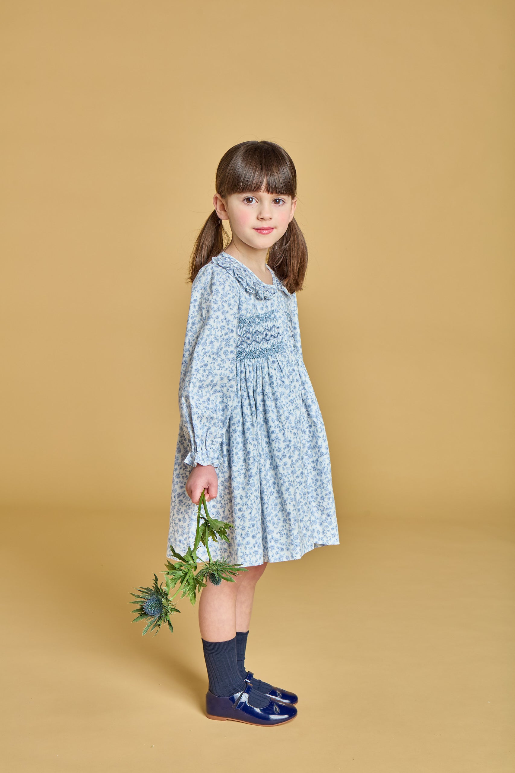 Adeline - smocked dress in Blue garden print
