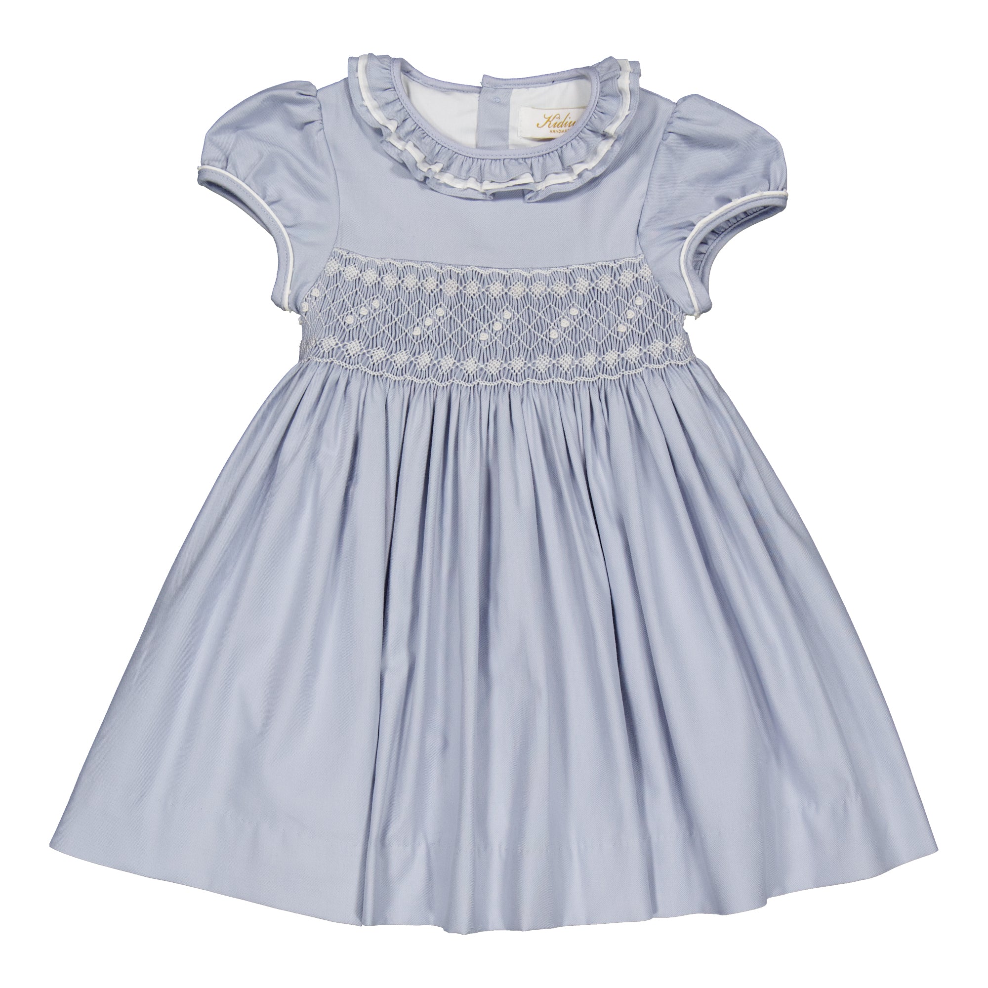 Hars, smocked dress, in Artic blue organic cotton twill