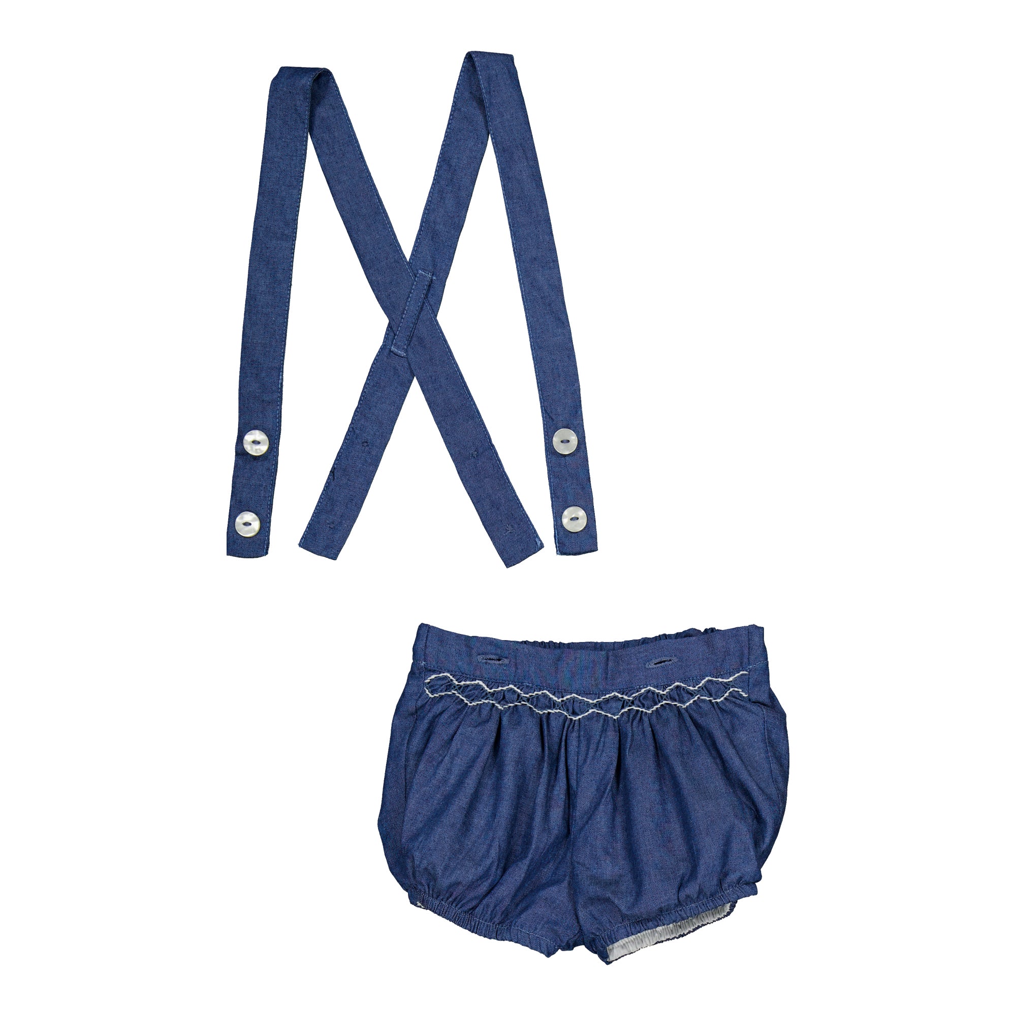 Jack, smocked baby bloomer, in Blue denim light herringbone