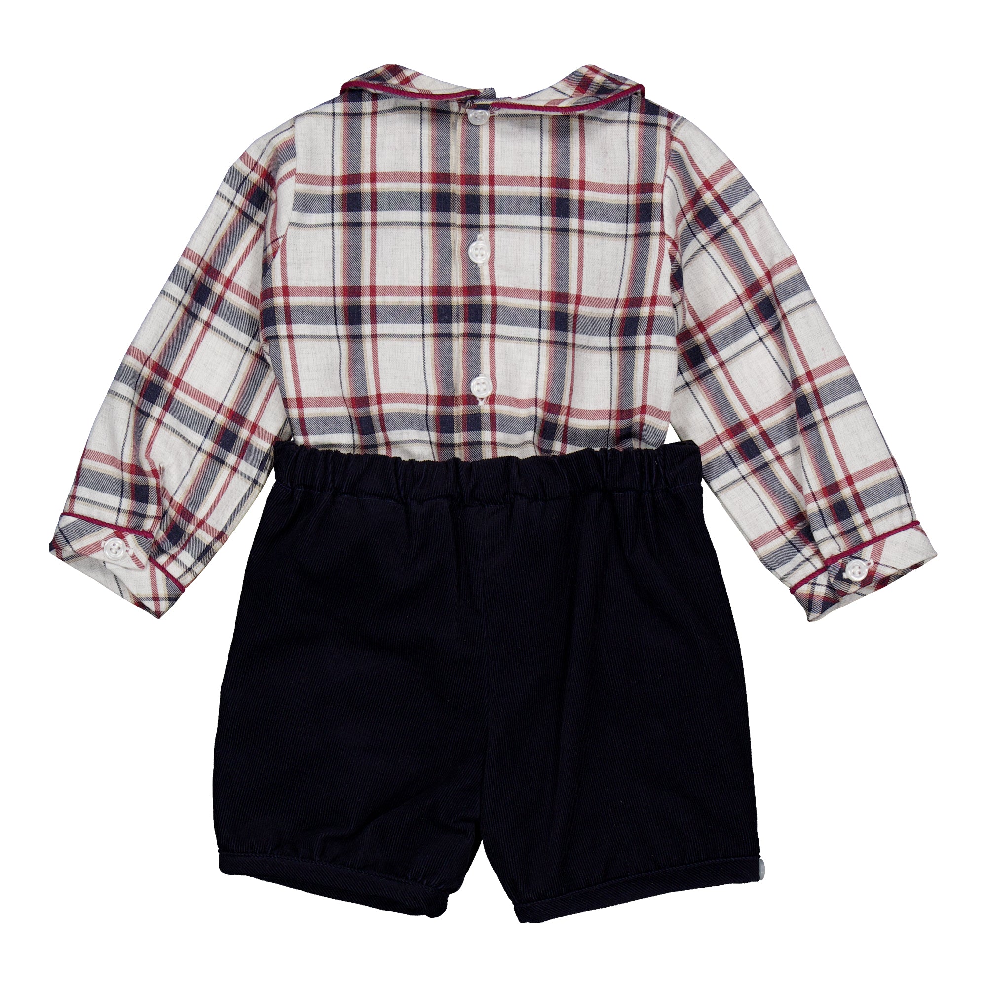 Barnabé, baby boy set, with Navy and burgundy tartan shirt and Navy corduroy shorts