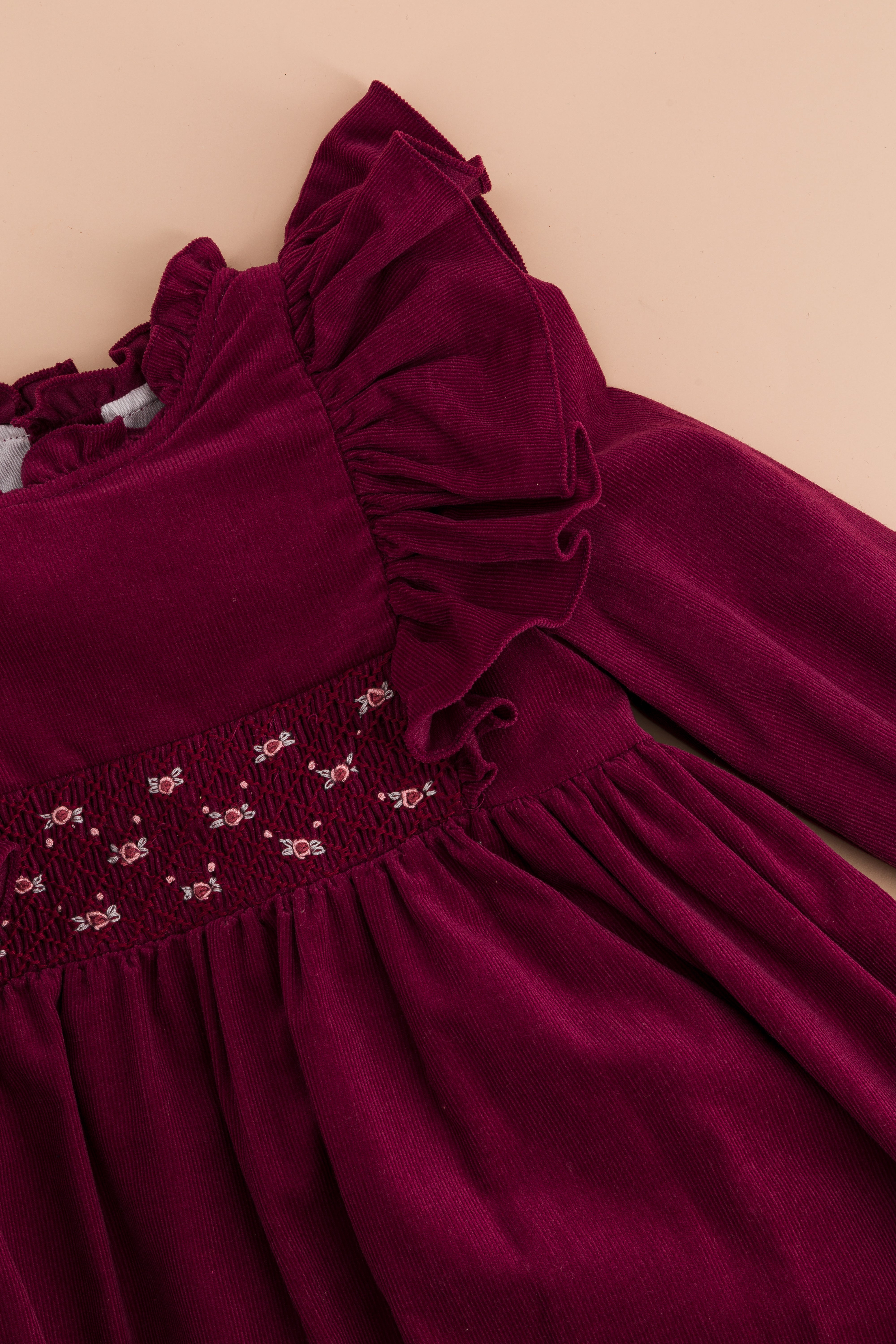 Enola, smocked dress, in Bordeaux corduroy