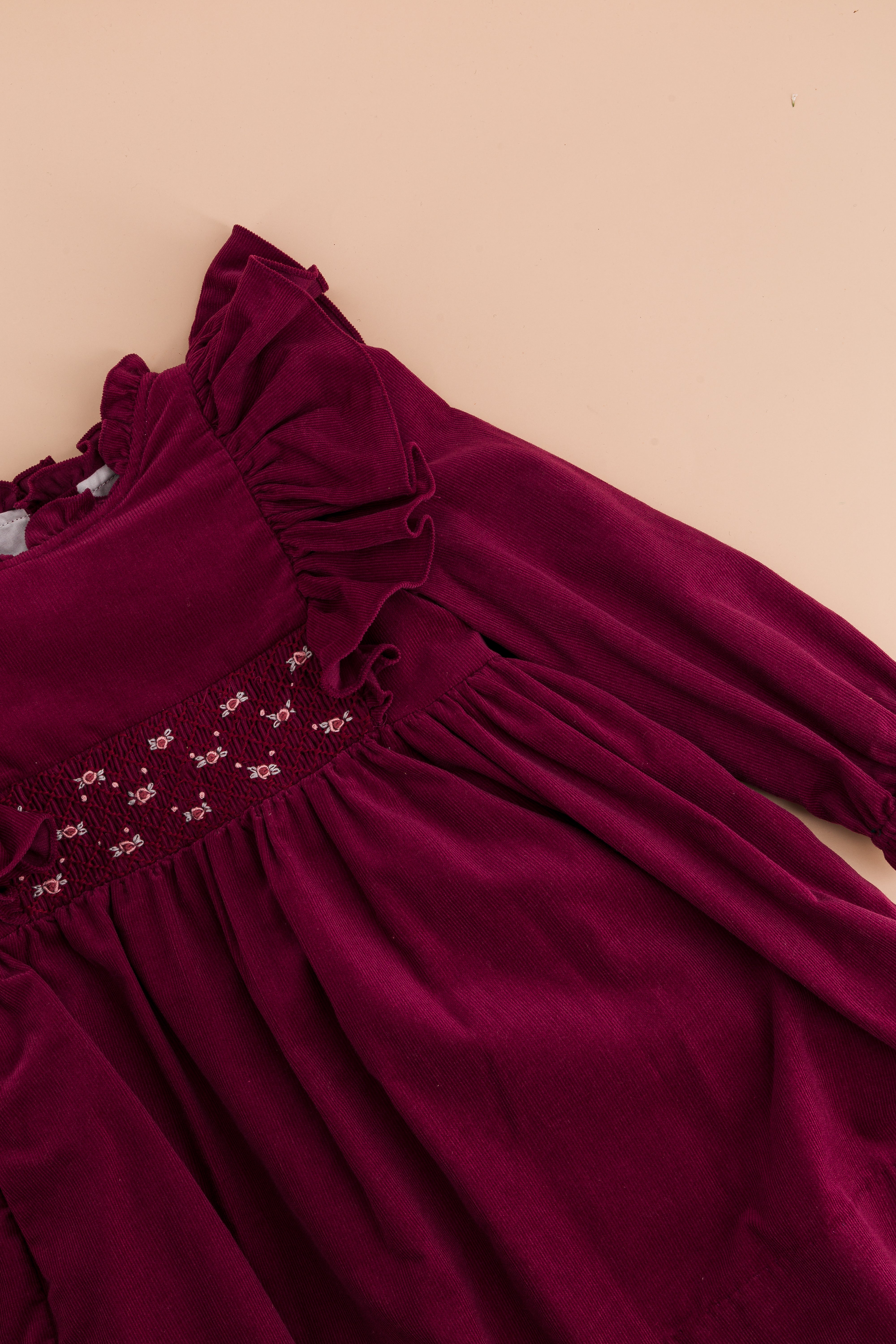 Enola, smocked dress, in Bordeaux corduroy