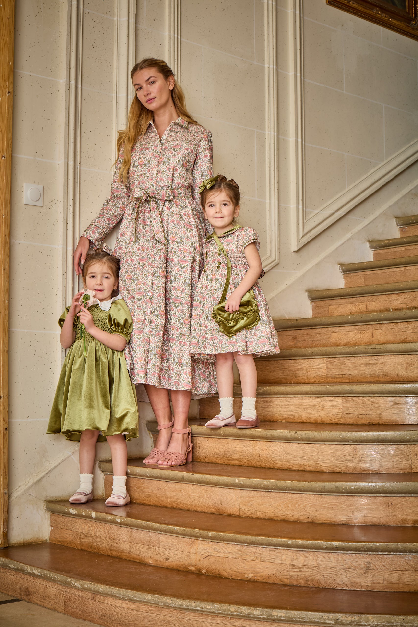 Rison, smocked dress, in Pink baroque flower print with Olive velvet  collar