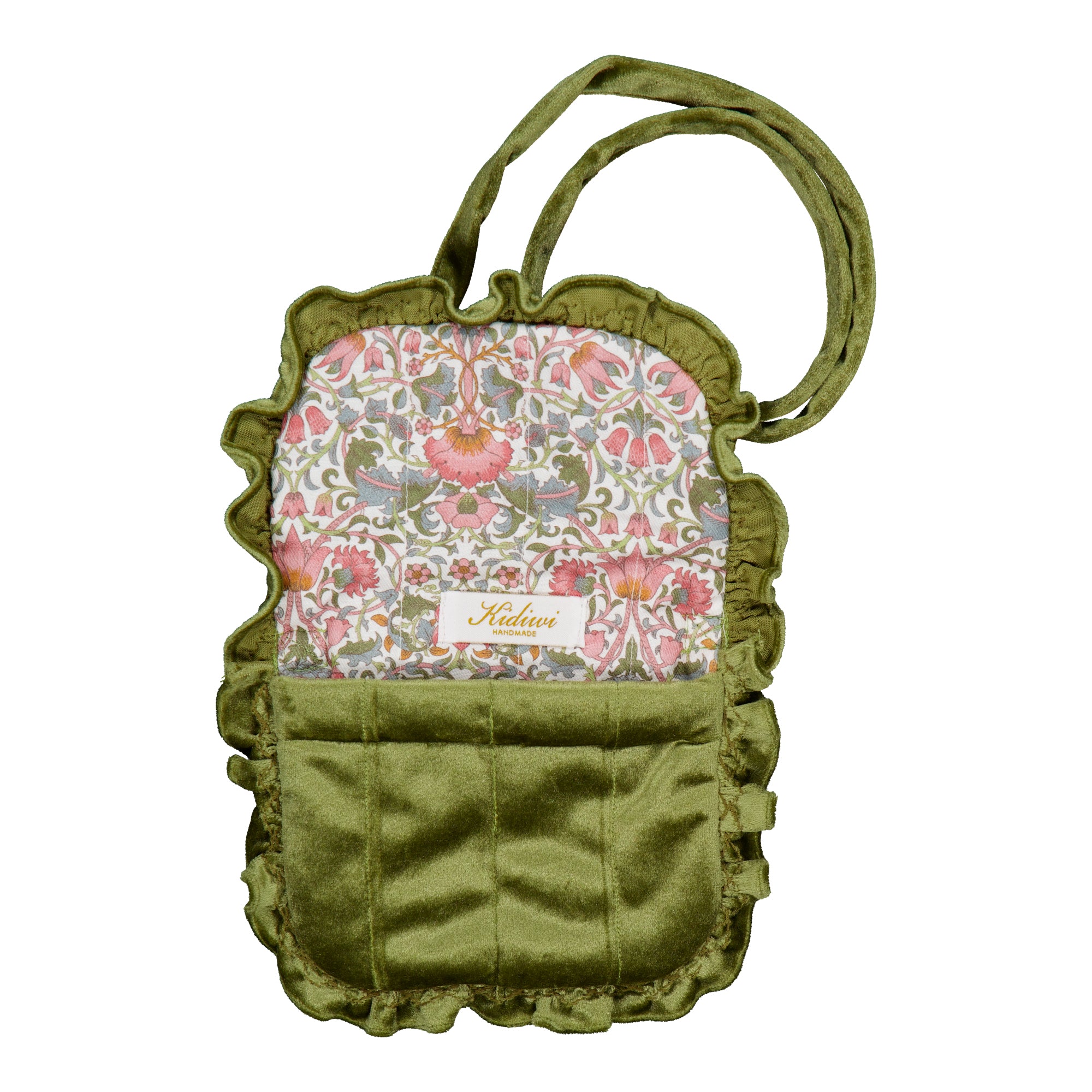 Mimosa, smocked  shoulder bag, in Olive velvet with printed lining