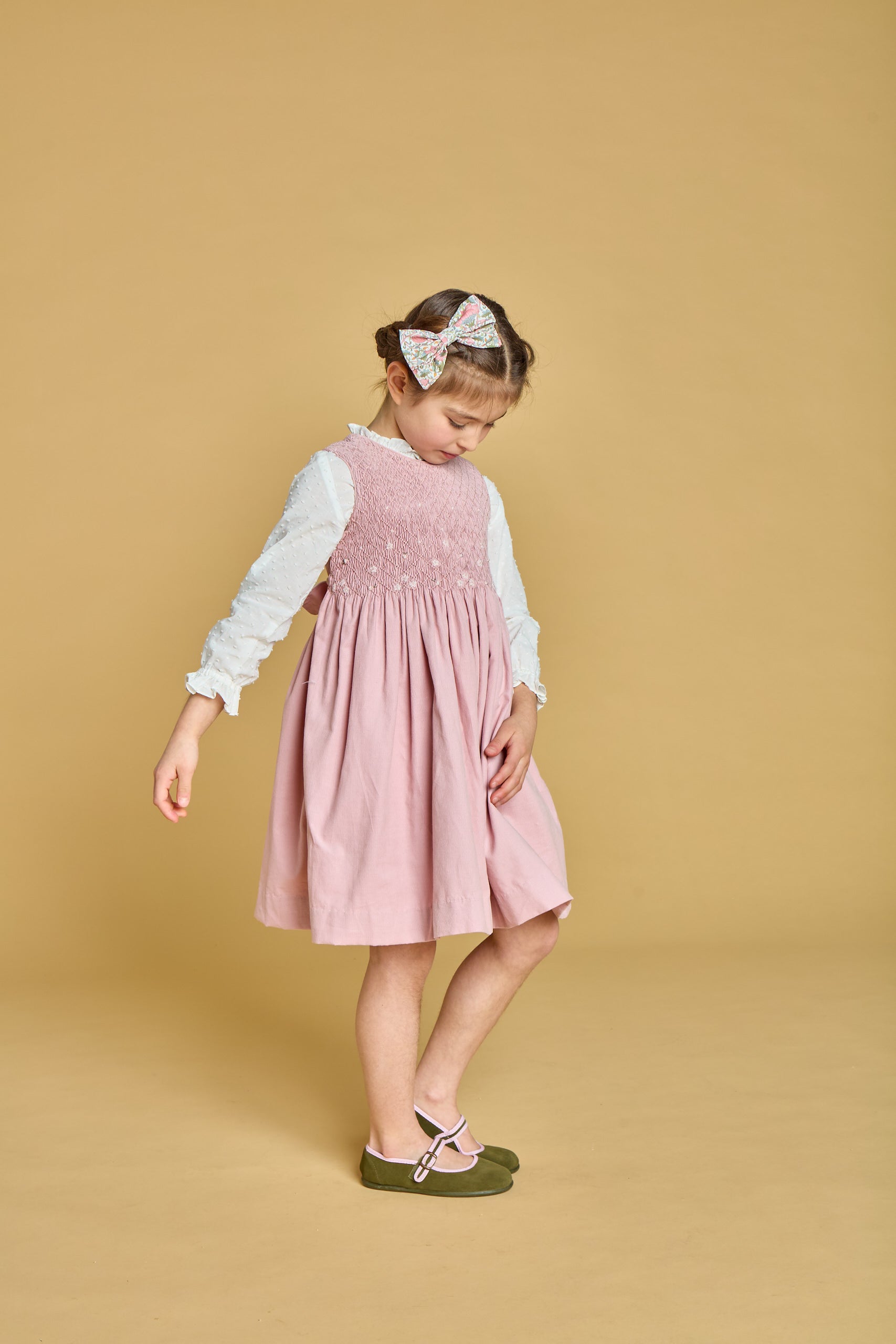 Emma, smocked pinafore dress, in Pink Corduroy
