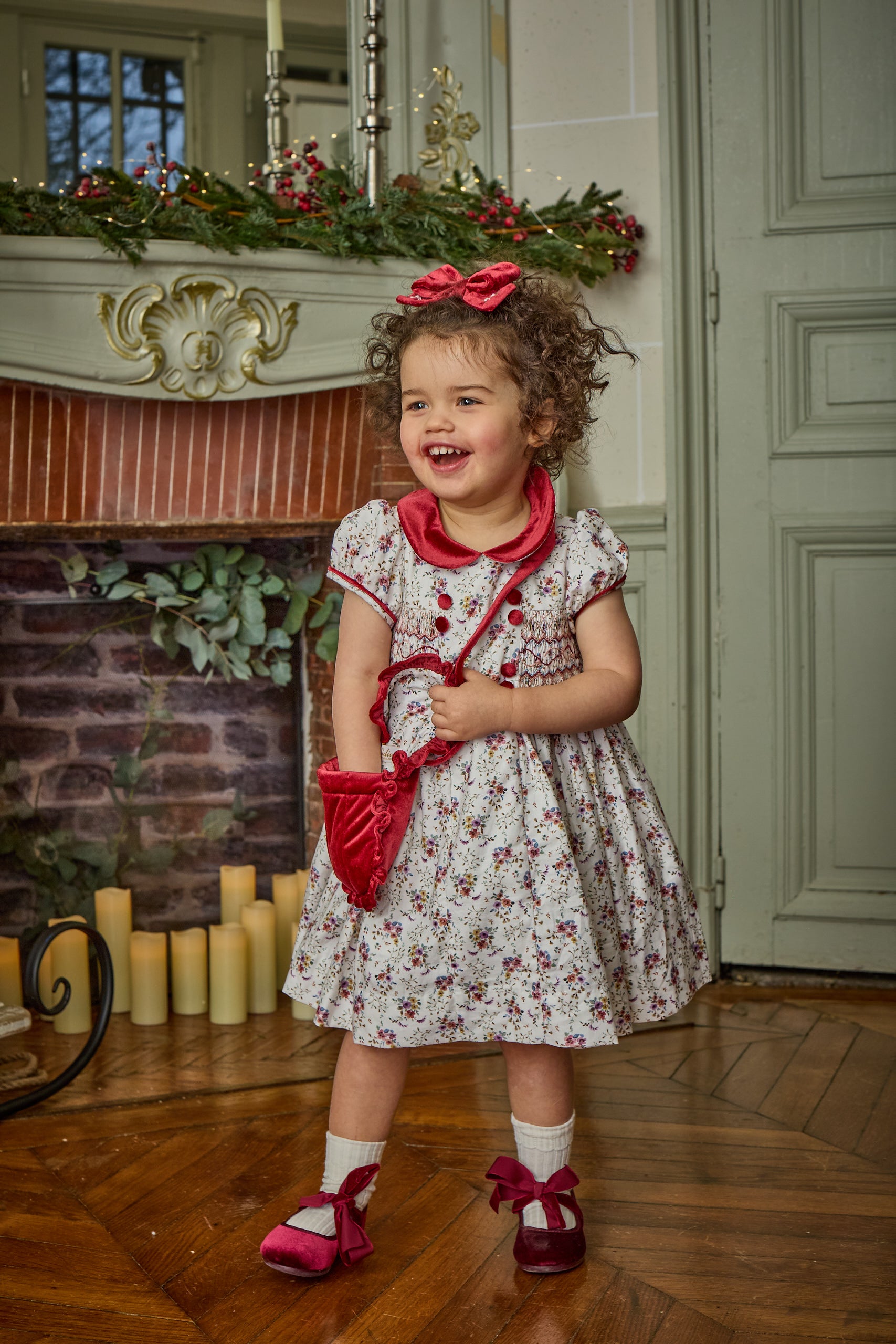 Rison, smocked dress, in Winter bouquet print with burgundy velvet collar