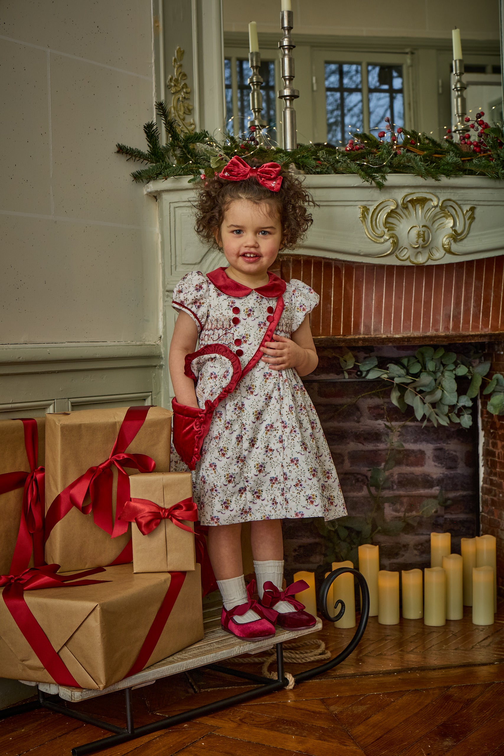 Rison, smocked dress, in Winter bouquet print with burgundy velvet collar