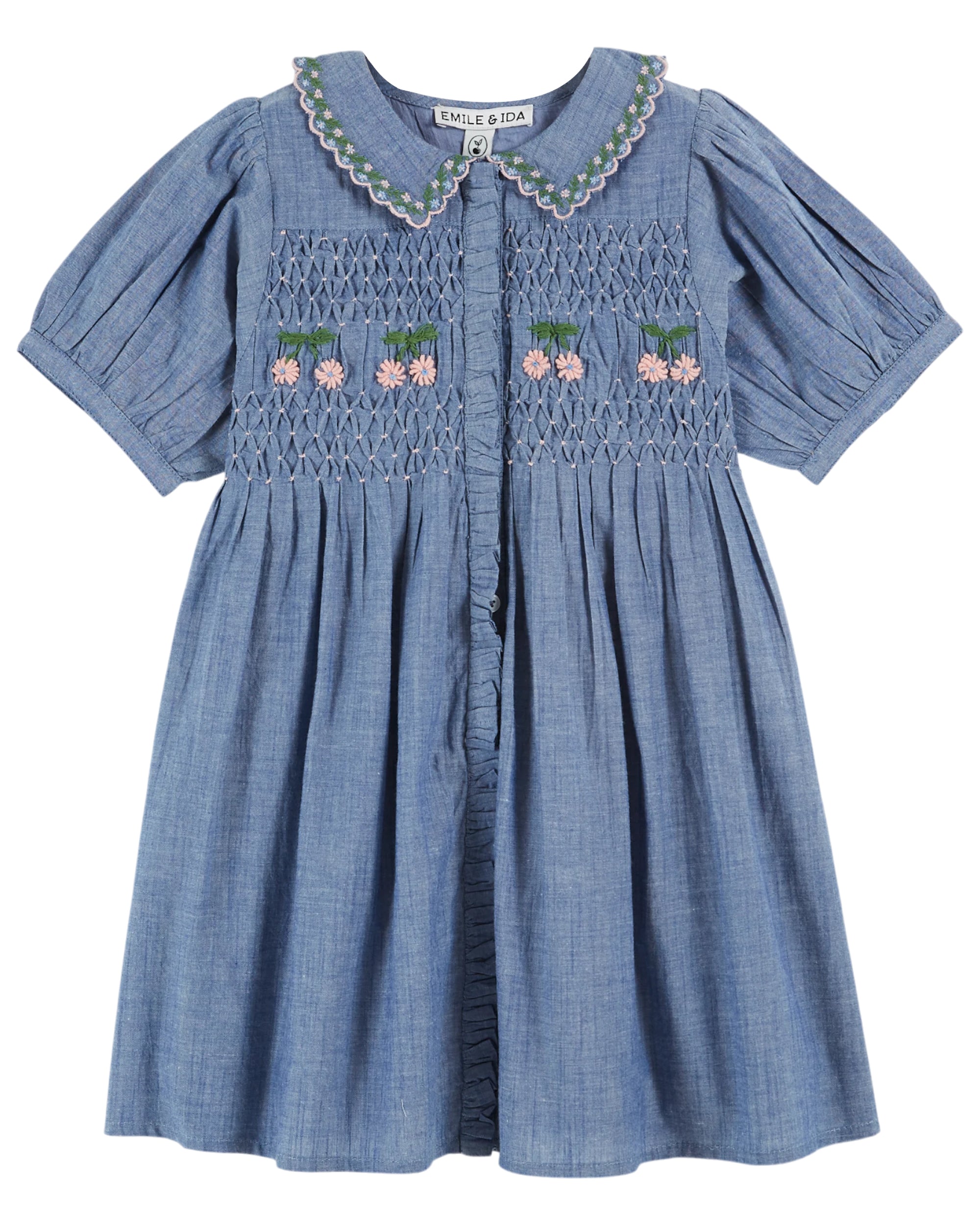 CHAMBRAY SMOCKED HAND EMBROIDERED DRESS