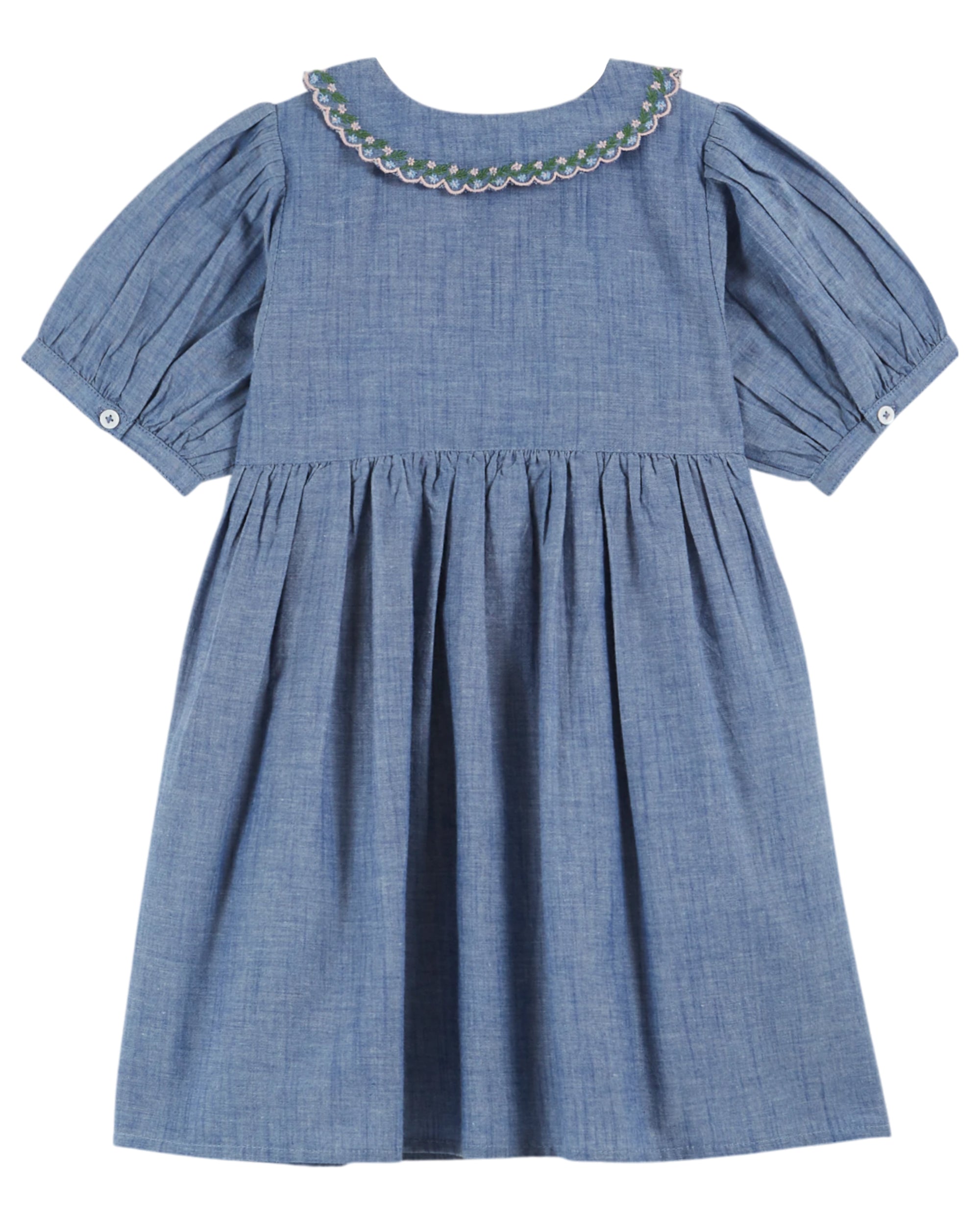 CHAMBRAY SMOCKED HAND EMBROIDERED DRESS