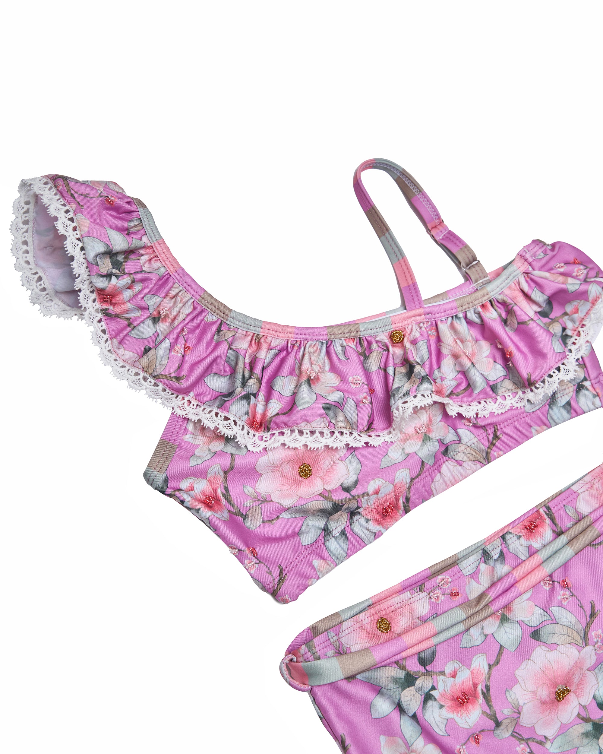 Shoudler Bikini w Ruffle Trim Hand Beaded