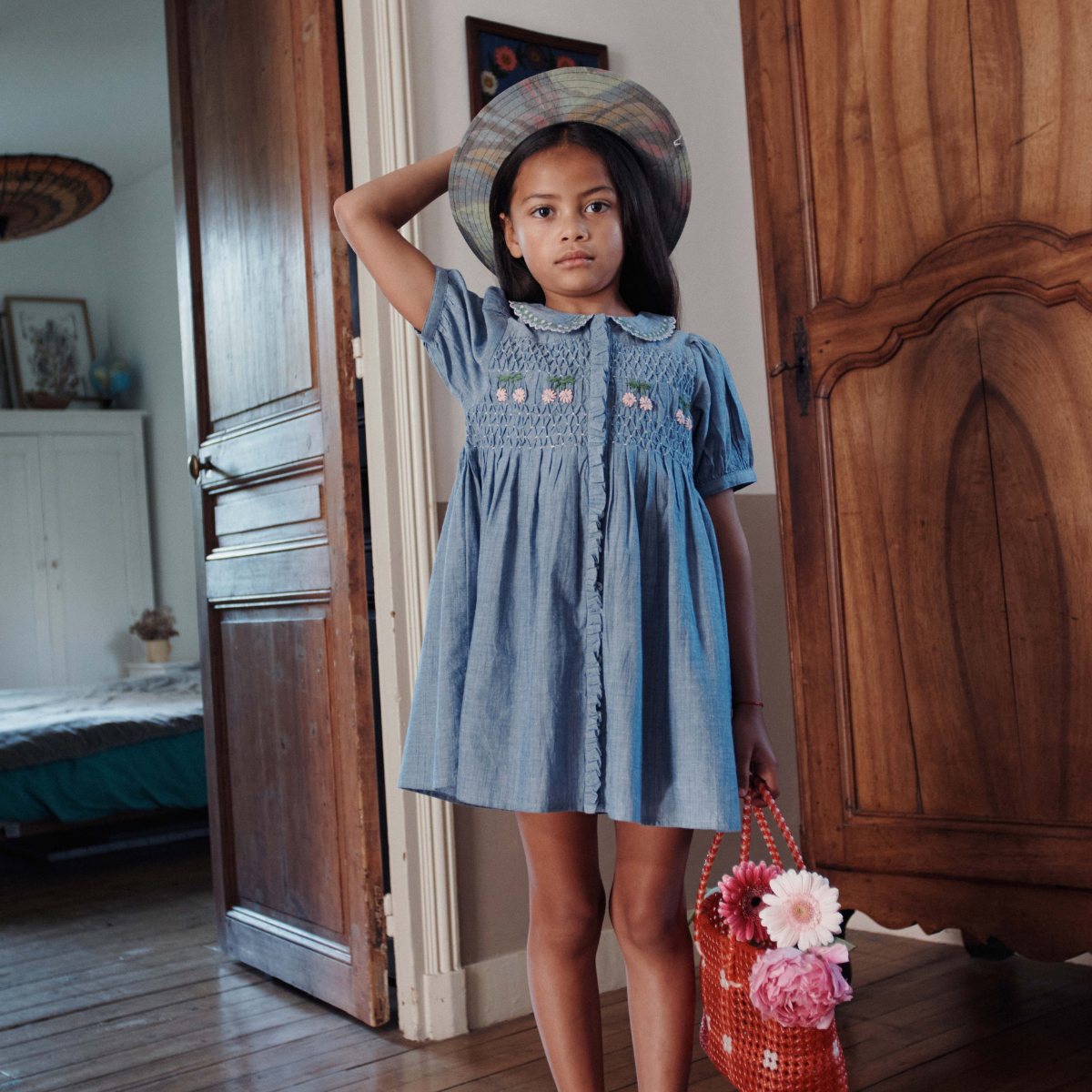CHAMBRAY SMOCKED HAND EMBROIDERED DRESS