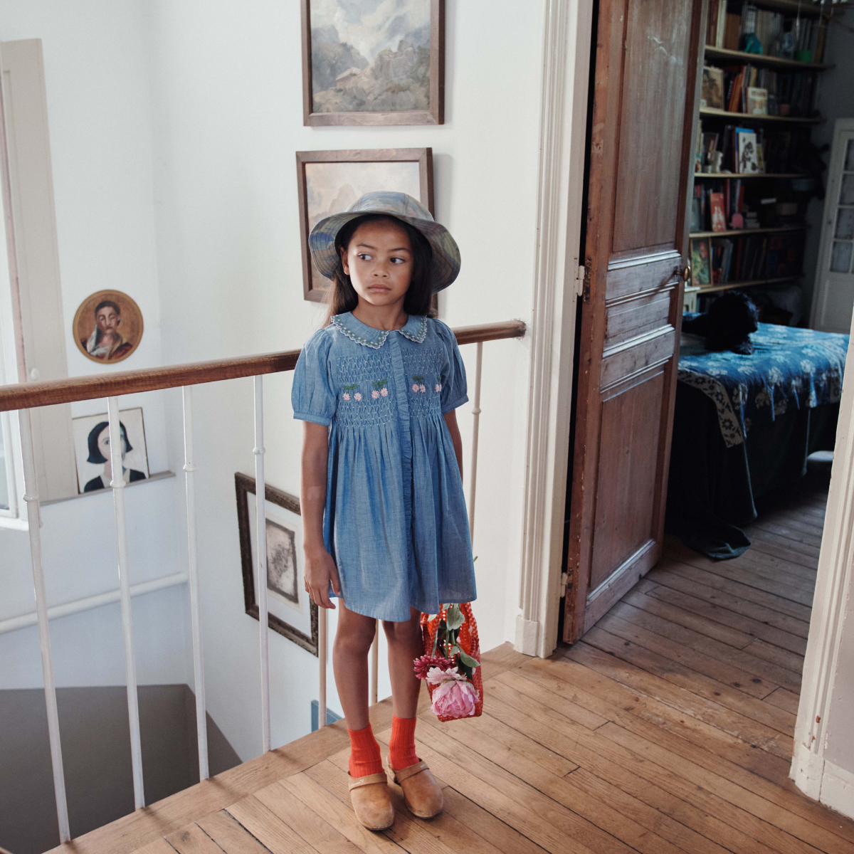 CHAMBRAY SMOCKED HAND EMBROIDERED DRESS