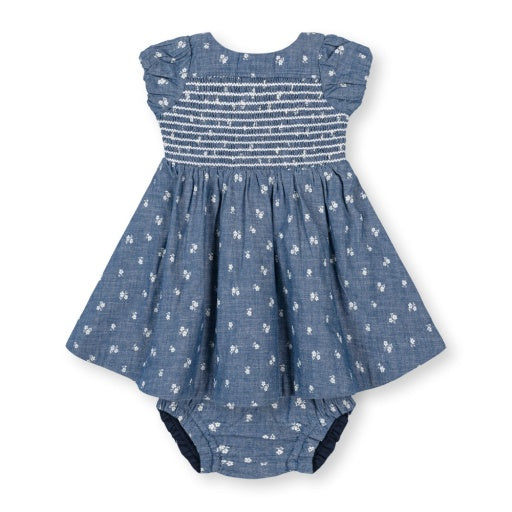 ORGANIC CHAMBRAY SMOCKED PUFF SLEEVE DRESS